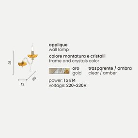 Lampada applique da parete PATRICIA in vetro e cristallo Ambra 1 LUCE