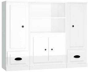 Credenze 3 pz bianco lucido in legno multistrato