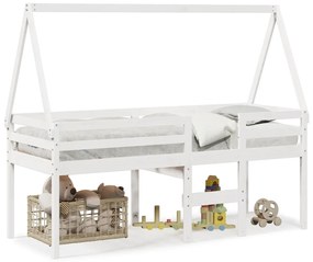 Letto A Soppalco Con Tetto Bianco 75x190 Cm İn Legno Di Pino /
