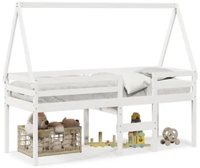 Letto A Soppalco Con Tetto Bianco 75x190 Cm İn Legno Di Pino /
