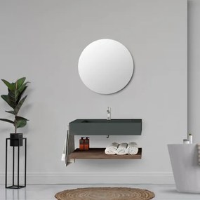 Lavabo Sospeso Antracite 80 Cm Con Mensola Effetto Legno E Specchio - Roma