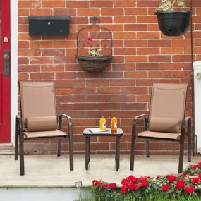 Costway Set 3 mobili da esterno con struttura in acciaio, Tavolino da caffè e 2 sedie impilabili con braccioli Marrone