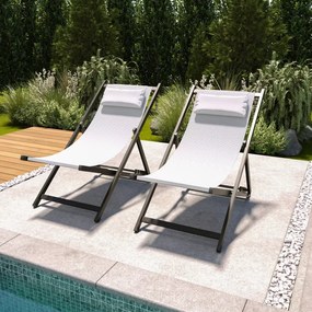 Set di 2 Sedie Sdraio Leggera Da Giardino Schienale Regolabile 5 Posizioni Pieghevole Ergonomica Con Cuscino Traspirante Struttura Nera In Alluminio Da Esterno Piscina Mare Portata 160 Kg (Bianco)