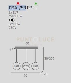 Sosp. bianco 3 luci rettangolare vetri piccoli fume' 1194bi-s3 rp-fu