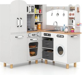 Costway Cucina giocattolo ad angolo per bambini set cucina in legno con frigorifero a doppia porta, Cucina giocattolo con contenitori in tessuto e 12 accessori 2 Colori