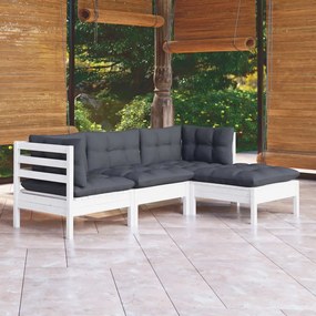 Set divani da giardino 4 pz con cuscini bianchi legno di pino