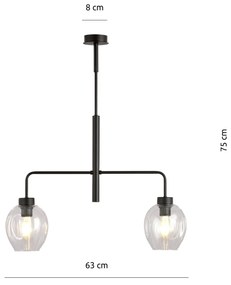 Lampadario Moderno 2 Luci Lukka In Accaio Nero E Vetro Trasparente