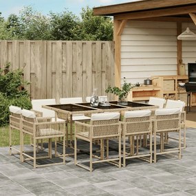 Set da pranzo da giardino 11 pz con cuscini beige in polyrattan