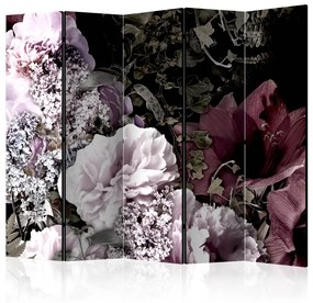 Paravento separè Giardino vintage II (5-parti) - fiori e foglie rosa su sfondo nero