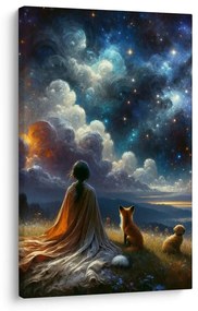 Quadro su tela – Figura con volpe e cane sotto le stelle