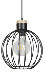 Sospensione 1 Luce Morgana Paralume A Gabbia In Acciaio Nero E Legno Naturale