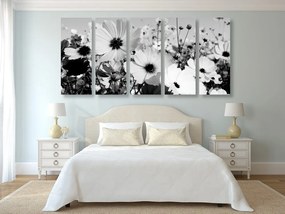 Quadri 5 pezzi – Prato di fiori primaverili in bianco e nero