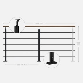 Balaustra in kit BURGER in alluminio nero, corrimano in legno faggio, L 200 cm fissaggio a pavimento
