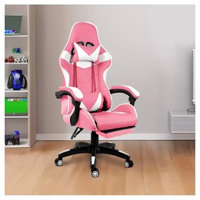 Sedia Gaming Poltrona Ufficio Scrivania Casa PC Stile Racing Girevole Ergonomica In Ecopelle Con Rotelle Cuscino Supporto Lombare Poggiapiedi Poggiatesta Braccioli Altezza Regolabile (Rosa e Bianco)