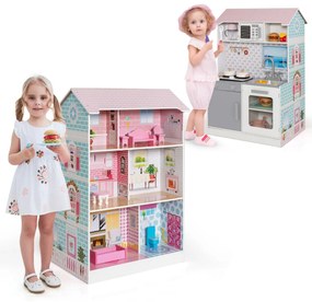 Costway Set cucina per bambini e casa delle bambole 2 in 1 in legno, Giocattolo a doppia faccia con suoni e luci