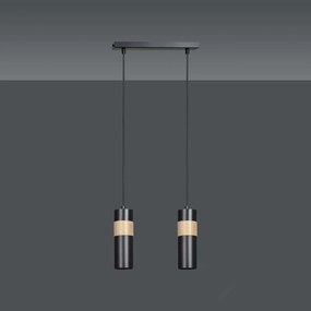 Lampadario 2 Luci Change In Acciaio Nero A Cilindro Con Legno Naturale