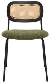 Sedie design in tessuto effetto velluto testurizzato verde kaki, metallo nero e intreccio di rattan (set di 2) MIRANDA