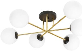Plafoniera Moderna Magnium 6 Luci In Acciao Nero Oro E Sfere In Vetro Bianco