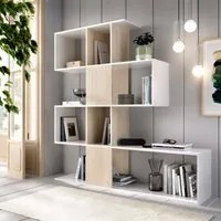 Libreria Pueblo, Mobile portalibri con 7 scomparti, Scaffale moderno da ufficio, Mobile da parete con ripiani, cm 145x29h145, Bianco e Rovere