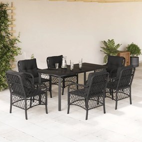 Set da pranzo da giardino 7 pz nero con cuscini in polyrattan