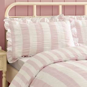 Set copripiumino e federa rosa per letto matrimoniale 3 pezzi 200x200 cm Seersucker Frill Stripe – Catherine Lansfield
