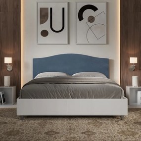 Letto contenitore da 160x190 in legno bianco e testata in microfibra blu Grace