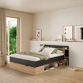 Letto matrimoniale effetto rovere con contenitore senza griglia in colore nero-naturale 160x200 cm Albo - Marckeric
