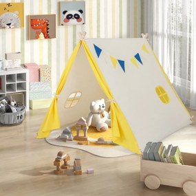 Costway Tenda da gioco per bambini con struttura in legno massiccio, Casa triangolare con bandiere decorative Beige
