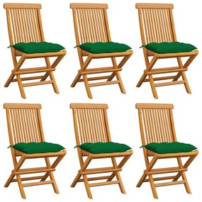 Sedie da giardino con cuscini verdi 6 pz in massello di teak