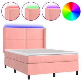 Letto a molle con materasso e led rosa 140x190 cm in velluto