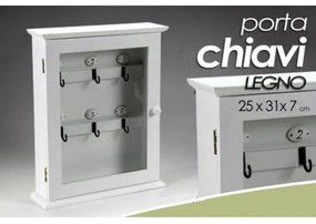 Trade Shop - Portachiavi Parete Appendino 6 Ganci 31x25x7cm In Legno Bianco Anta Vetro 660832