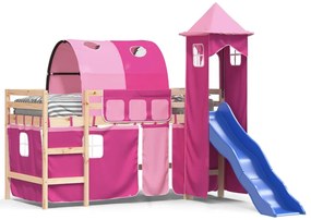 Letto a soppalco con torre bambini rosa 80x200cm massello pino