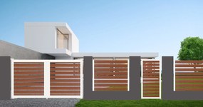 Cancello automatico battente Maia120-40 ALBA in alluminio rovere dorato telaio bianco, apertura centrale, L 350 x H 190 cm