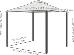 Gazebo da Giardino 2.95x2.95m in Metallo Doppio Tetto Zanzariera e Laterali Beige...