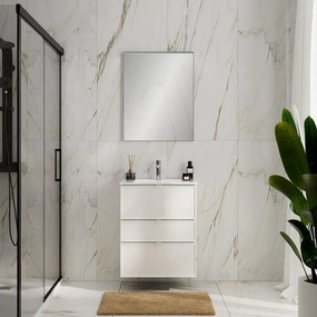 Mobile Quadra L60 H73 P39 bianco opaco laccato con lavabo in ceramica vasca centrale base con 3 cassetti a chiusura ammortizzata