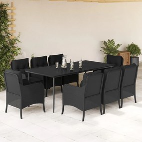 Set da pranzo da giardino 9 pz con cuscini nero in polyrattan