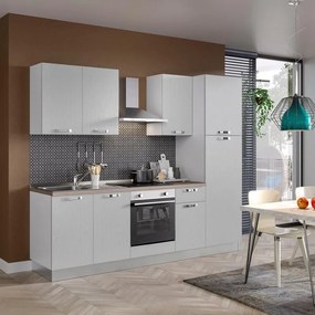 Cucina montata Dora bianco spatolato, lavello a sinistra, L 255 cm, completa di: cappa a camino, piano cottura a induzione, forno e frigorifero