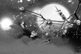 Carta da parati – Rami d'albero in bianco e nero sotto la luna piena