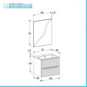 Mobile bagno sospeso 60 lava cannettato 2 cassetti lavabo e specchio Rigo