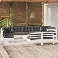 Set Divani da Giardino 10 pz con Cuscini Bianchi Legno di Pino 3096485