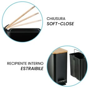Pattumiera bagno 5 Lt in acciaio con coperchio in bambù nera con apertura a pedale Rexa