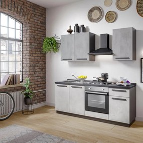 Cucina montata Dora bianco e grigio chiaro, lavello a sinistra, L 195 cm, completa di: cappa a camino, piano cottura a gas e forno