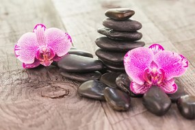 Carta da parati autoadesiva – Orchidea e pietre Zen su legno