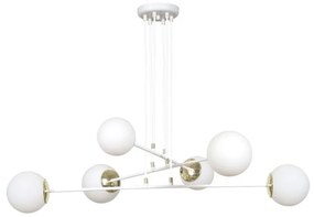 Lampadario Moderno 6 Luci Ognis In Acciaio Bianco E Oro E Vetro A Sfera Opale