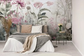 Carta da parati autoadesiva – Fiori avvolti dalla natura con contrasto rosa
