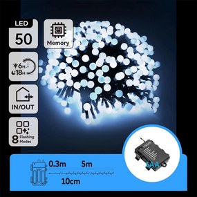 Aigostar - Catena luminosa LED per esterni, 50 LED/8 funzioni, 3x batterie AA, 5,3 m, IP44, bianco freddo