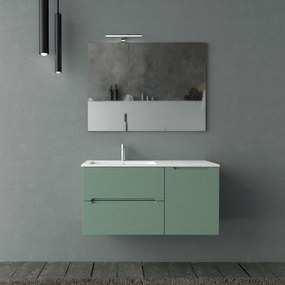 Mobile Bagno Sospeso Cannettato 100 Cm Due Cassetti Un'Anta Lavabo a Sx Specchio Con Lampada Led 70x100 Cm AdattoCasa "Rigo" Verde Salvia/Bianco Lucido