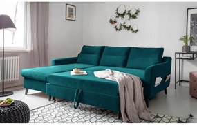 Divano letto angolare in velluto turchese, angolo sinistro Stylish Stan - Miuform