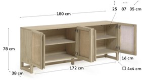 Kave Home - Credenza Rexit 4 ante in legno massello e impiallacciatura mindi con rattan 180 x 78 cm