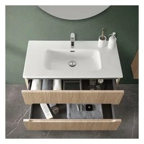 Mobile bagno sospeso cannettato 90 cm rovere chiaro con specchio Bali